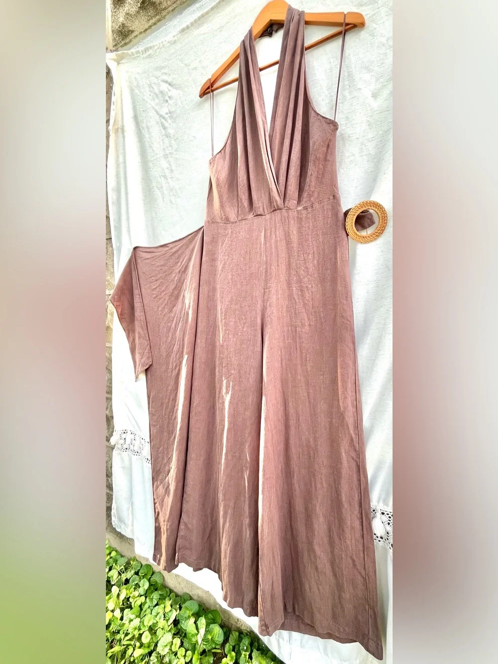 Zara Rami Jumpsuit Halterneck Crossover V-Neck Pareo w Buckle Open Back Brown L
